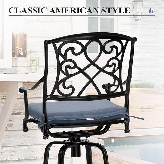 Crestlive Products Outdoor Bar Stools with Sunbrella Cushion Set of 4, 360° Swivel Patio Bar Height Chairs, All Weather Commercial Grade Furniture, Antique Brown Finish for Outside (Denim Blue)