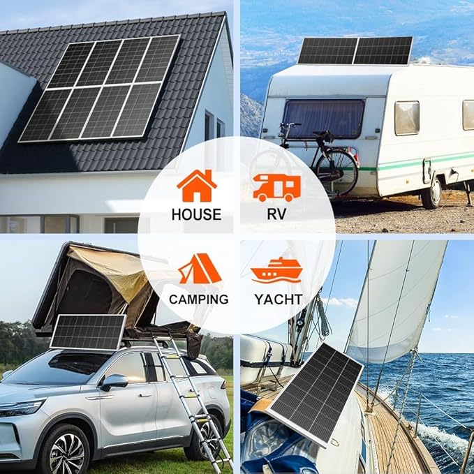 DOKIO 200W Monocrystalline Solar Panel 12V, 12BB Half-Cell High Efficiency Glass Module with Aluminum Frame, MC4 Connector, Pre-Drilled Holes for RV, Roof, Off-Grid Power