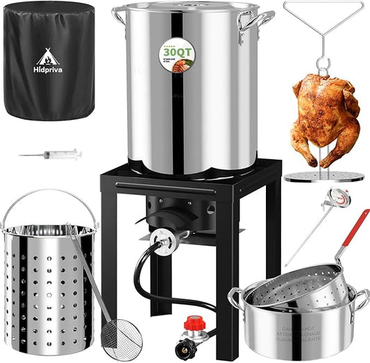 Stainless Steel Turkey Fryer Kit, 30QT Deep Pot & 10QT Fish Fryer, Waterproof Cover & 12-inch Skimmer, 55,000 BTUS Propane Burner Stove, Outdoor Deep Fryer, Crawfish Boiler with Basket