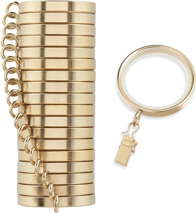 MODE Cambria Designer Series - Premium Easy Glide 18 Count Curtain Rings - Metal with Smooth, Quiet Nylon Inserts with Clips - 2 inch Diameter (1-5/8 inch Inside Diameter) - Brushed Gold