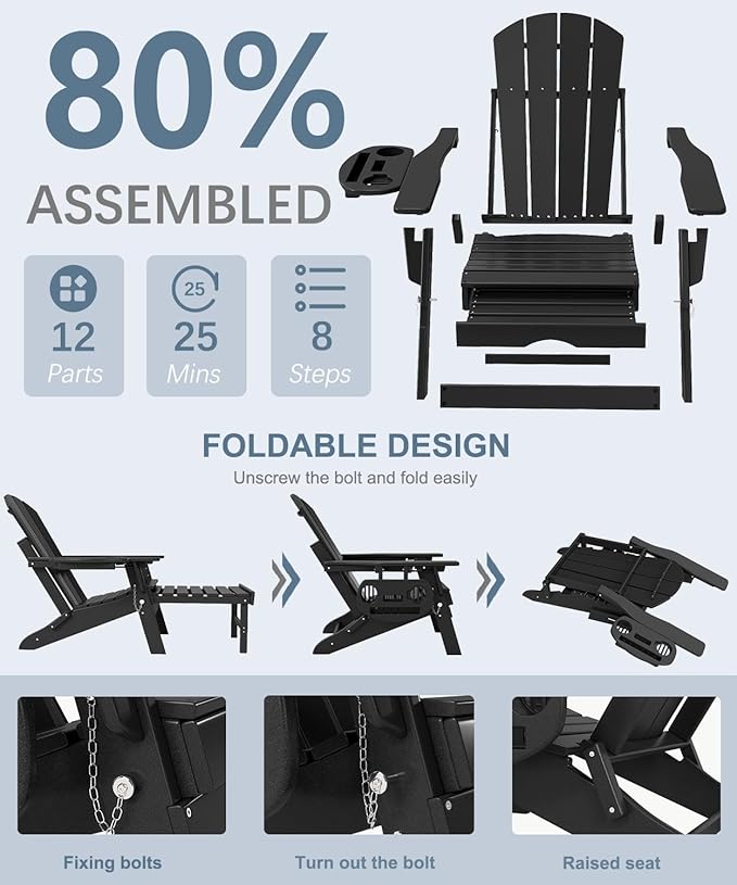 Adjustable Adirondack Chair with Retractable Ottoman Set of 4, HDPE Folding Adirondack Chair with Cup Holder, All Weather Fire Pit Chair for Outdoor,Black