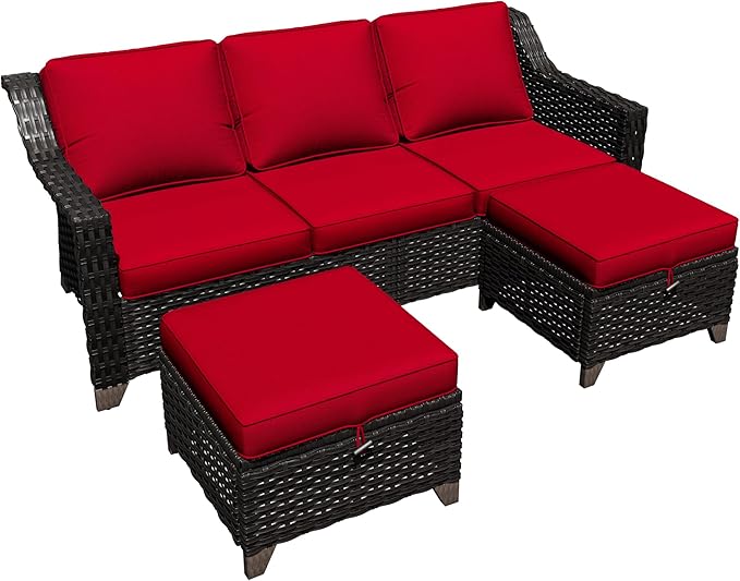 3 Pieces Outdoor Conversation Furniture Set - 77" Patio Sofa, 2 Rattan Wicker Ottomans, Patio Wicker Couch Set with Water-Resistant and Washable Cushions for Sunroom, Deck, Porch (Red)