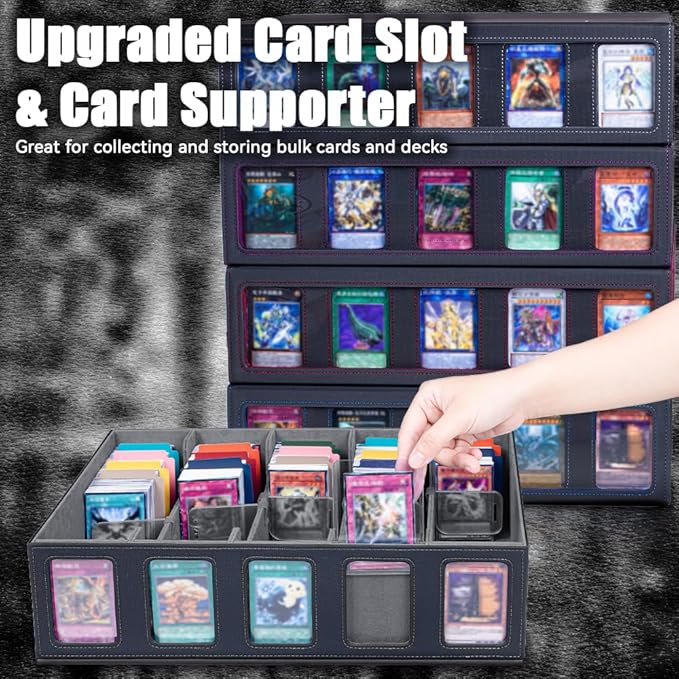 5-Row 3900+ Trading Card Storage Box for MTG, Card Deck Box with Snap-fit Design, 5 Card Sleeves, 10 Stoppers, 80 Dividers and 1 Dice Tray (Black-Grey)