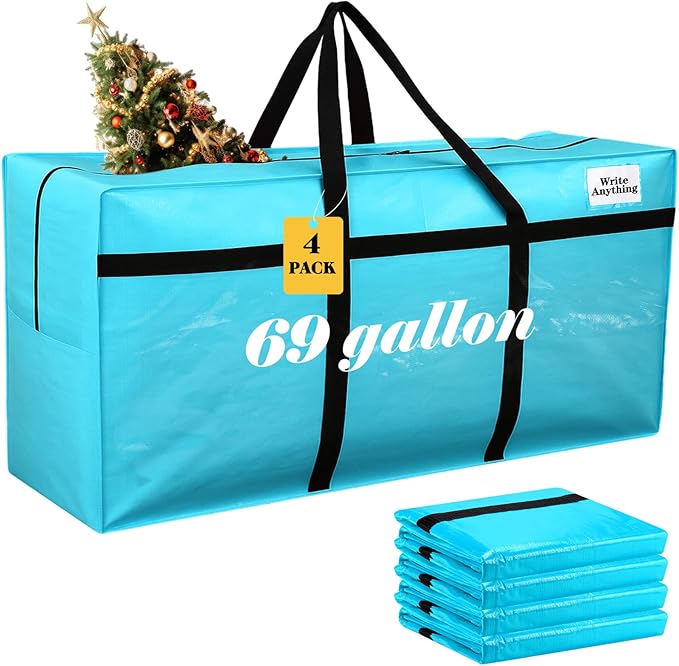 Windyun 4 Pack 69 Gallon Extra Large Storage Bags XXL Moving Bags with Zipper Handles Heavy Duty Jumbo Big Tote Box for Christmas Tree Storage 4, 5, 7.5, 9, 10, 12 ft Skeleton College Dorm(Lake Blue)