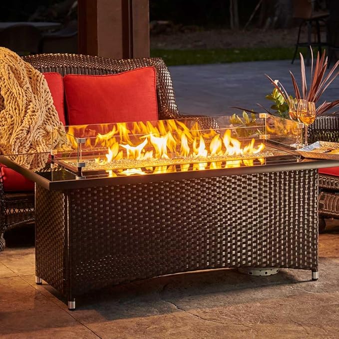 Outdoor GreatRoom Co Propane Fire Pit Table - Balsam Montego Gas Fire Pits for Outside Patio - 60 Inch Rectangular Glass Top Firepit Fire Table with Matching Tabletop Cover, Wicker Base, 80,000 BTU