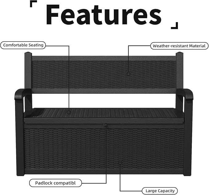 EasyUp 80 Gallon Outdoor Storage Bench, Waterproof and Lockable Deck Box Outdoor Storage Furniture for Patio,Garden,and Porch – Perfect for Storing Garden Tools and Cushions(Black)