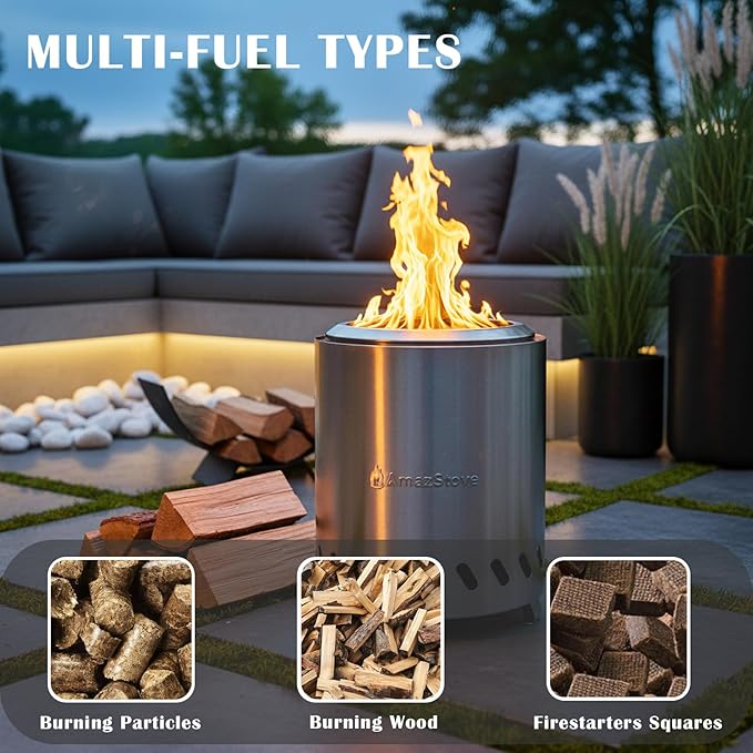 9.7 x 7.1 Inch Tabletop Fire Pit by AmazStove, Low Smoke Camping Stove for Outdoor Safe Burning Firepits, Fueled Pellets or Wood, Travel Bag Included (Silver, 9.7 x 7.1 INCH)
