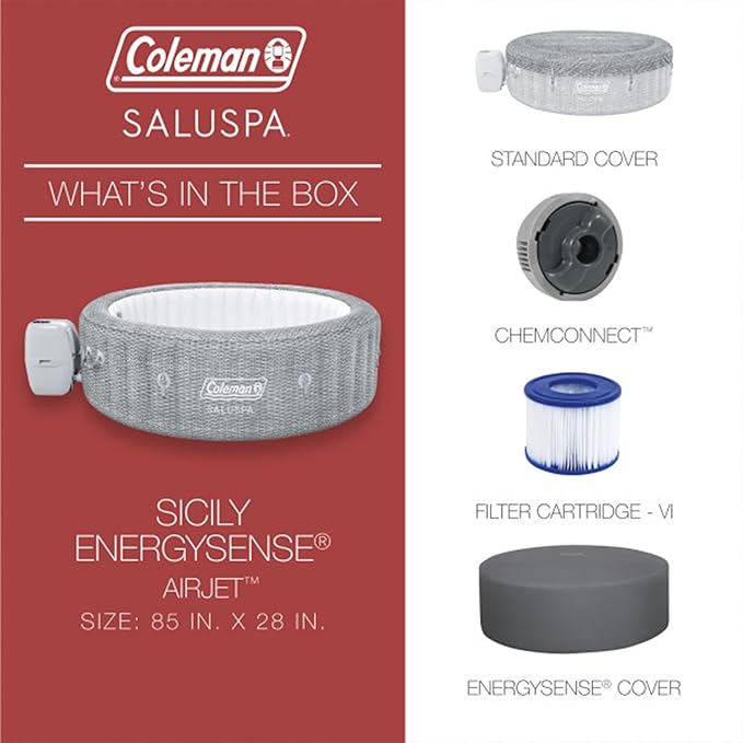 Coleman Sicily AirJet Large Round 5 to 7 Person Inflatable Hot Tub Portable Outdoor Spa with 180 AirJets and EnergySense Cover, Grey