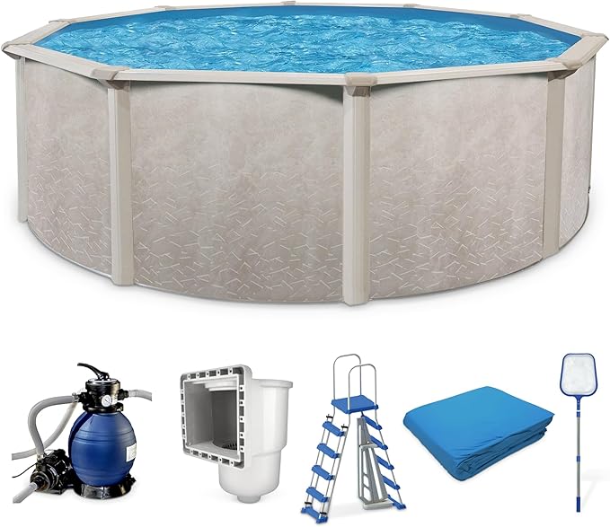Aquarian Phoenix Round Above Ground Swimming Pool Kit, 18' x 52" - Includes Ladder, Sand Filter Pump, Thru-Wall Skimmer, Liner & Leaf Net, Steel Frame w/Galvanized Walls, Outdoor or Backyard Setup