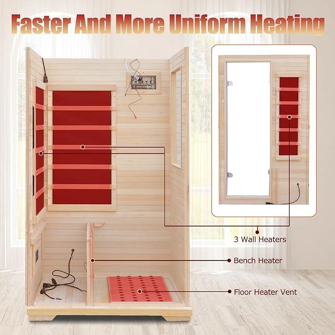 Far Infrared Sauna for 1 Person, Indoor Low EMF Infrared Wooden Dry Sauna for Home with 5 Low EMF Heating Panels, Side-Opening Door, Digital Control, Bluetooth Speakers, Home Spa Therapy
