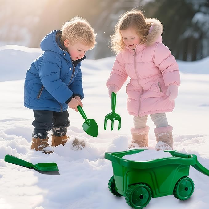 Duckura Kids Wheelbarrow Set - Gardening Tools for Kids with Shovel, Rake, Trowel, Outdoor Yard Lawn Digging Weed Toys, Valentine's Birthday Gifts for Boys Girls Age 2 3+Years Old(Green A)