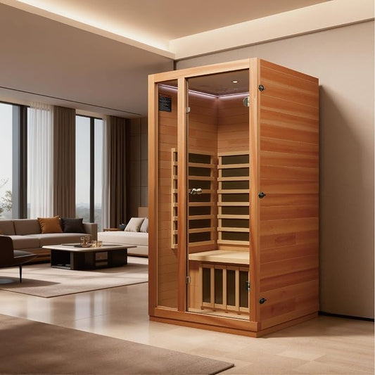 Luxury 1 Person Infrared Home Sauna with Low-EMF Heating Panel, LED Chromotherapy & Bluetooth Audio,Tempered Glass, 39.37 × 35.43 × 74.8 inch,1510W/120V