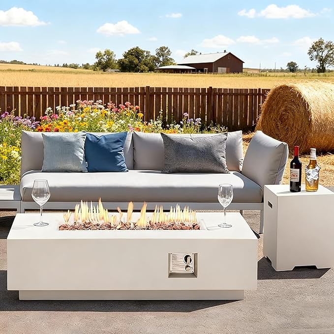 ECOTOUGE 2-Piece Propane Fire Pit Table, Outdoor Gas Fire Pit Set w/Tank Cover,56'' Auto-Ignition Steel Fire Table, 50,000 BTU Rectangle Concrete Fire Pit w/Weather-Resistant Pit Cover,White