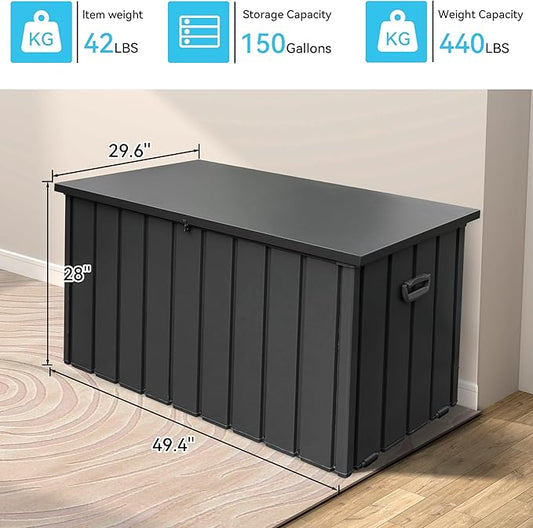 Metal Outdoor Storage Box, 150 Gallon Waterproof Deck Box for Patio Cushion, Outside Storage Cabinet Rust/UV Resistant, Lockable Garden Tool Storage Bin for Porch Package Delivery, Grey