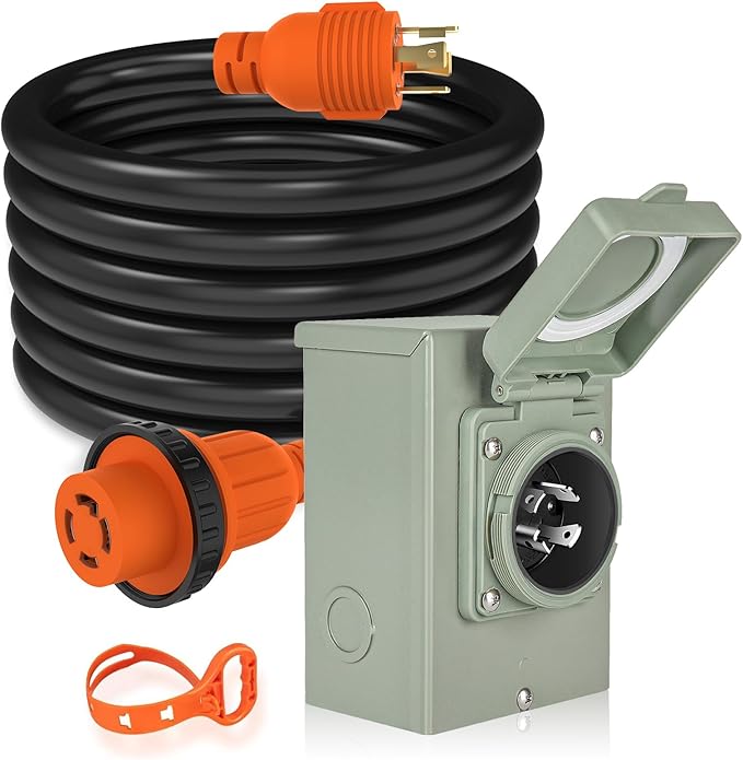 WELLUCK 25FT Power Cord Inlet Box Kit Temporary Connector Cable 30Amp Generator Plug, NEMA L14-30P to L14-30R Extension Cord 25 Feet with NEMA L14-30P Generator Inlet, ETL Listed, Weatherproof
