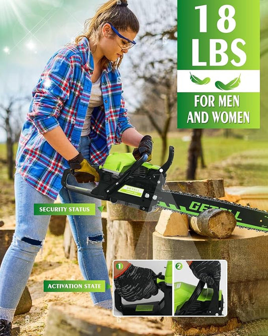 Getell 58cc Gas Chainsaw 20 Inch & 18 Inch Bar – 3.6 HP Gas Powered Chainsaw with Easy-Start, Pro Anti-Vibration for Farm, Ranch, and Ranch & Heavy-Duty Work (G338 PRO)