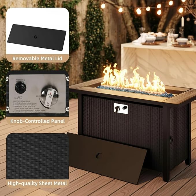JAMFLY Propane Fire Pit Table 45 Inch, 50,000 BTU Outdoor Gas Firepit Table for Outside Patio, Blue Glass Rocks,Waterproof Cover, Gray