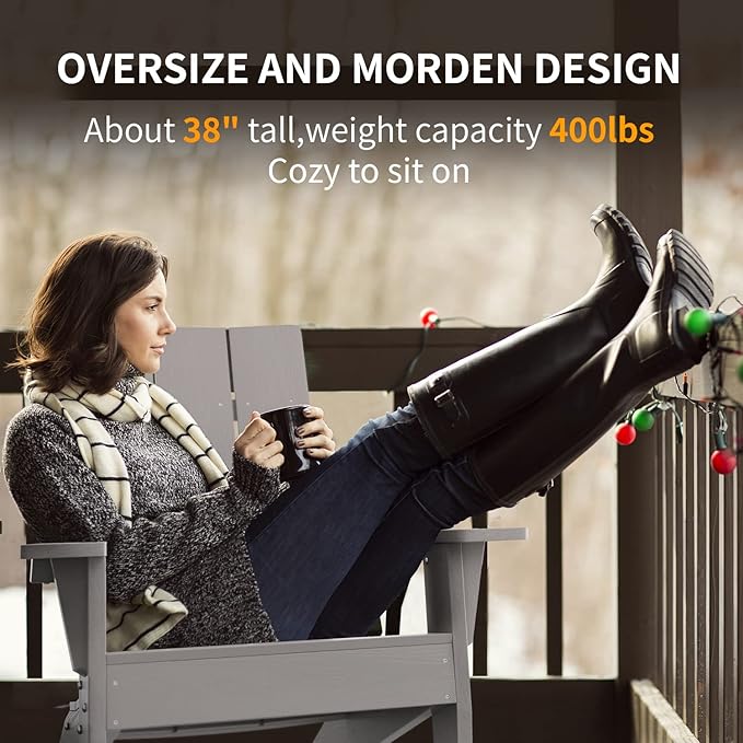 MXIMU Modern Adirondack Chair Weather Resistant with Cup Holder Oversized Fire Pit Chairs Adorondic Plastic Outdoor Chairs for Firepit Area Seating (Grey)