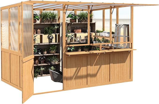 U-MAX 6x10 Ft Wood Greenhouse for Outdoors with Openable Window & Lockable Door, Heavy Duty Lean to Walk in Greenhouse with Polycarbonate Panel for Outside, Garden and Backyard