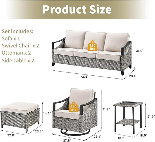 7 Pieces Patio Furniture Sets - High Back Outdoor Sectional Couch with Wicker Swivel Rocker Chairs, Rattan Ottomans with Side Table, Patio Conversation Set for Deck Garden Porch Balcony Gray/Beige