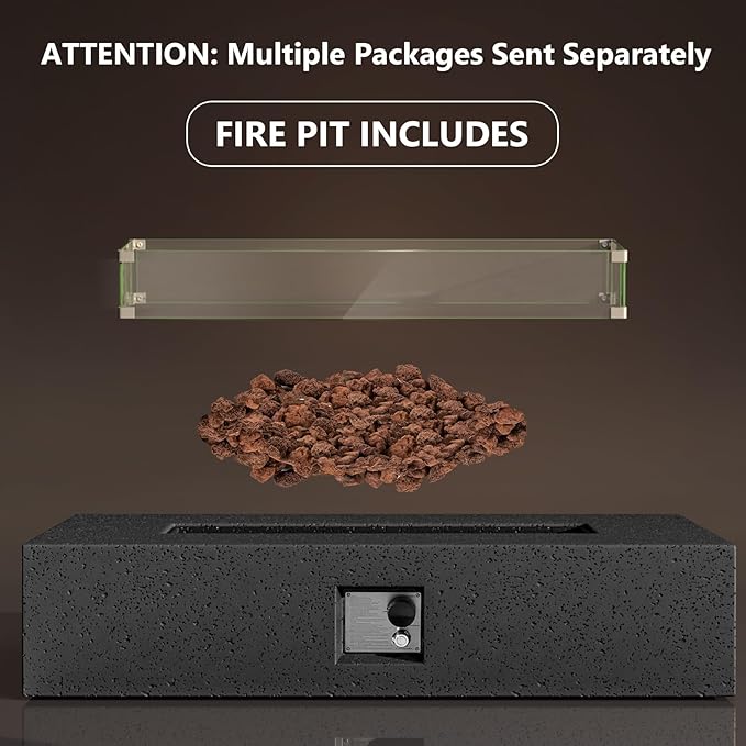 COSIEST 56-inch x 28-inch Outdoor Propane Fire Pit Coffee Table w Concrete Rectangle Base, Certified, 50,000 BTU, Free Lava Rocks and RainCover, Fits 20lb Tank Outside, Wind Guard, Gray