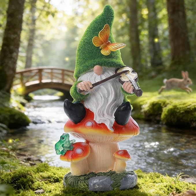 Ayadon Solar Gnome on Mushroom Stool Statue Decor, Gnome Figurines with Ambiance LED Light for Garden Decorations for Patio Lawn Balcony Fairy Gardens, Housewarming Gifts for Women Mom Grandma