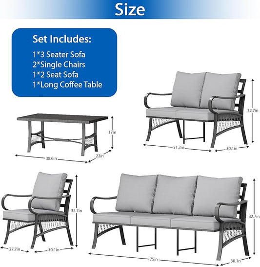 5 Piece Patio Furniture Set, 7 Seat Metal Outdoor Sectional Sofa Set with Thick Cushions, All Weather Patio Conversation Set with Coffee Table for Garden, Porch, Lawn, Grey