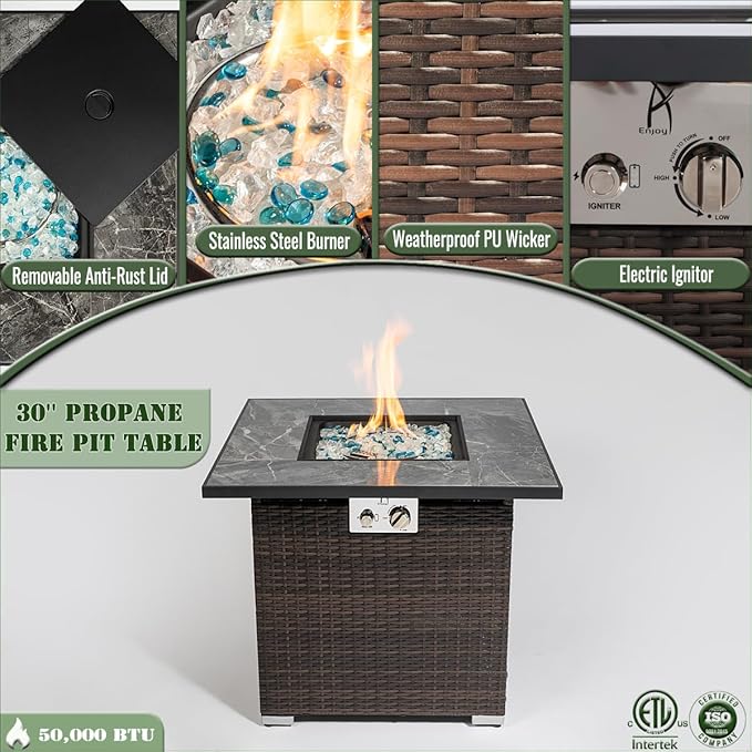 Propane Fire Pit Table, 30 Inch Wicker Firepits for Outside, Square Gas Fire Pit for Outside Patio, Propane Fire Table for Patio, Backyard, Pool, 40,000 BTU, Tank Inside, Espresso Color