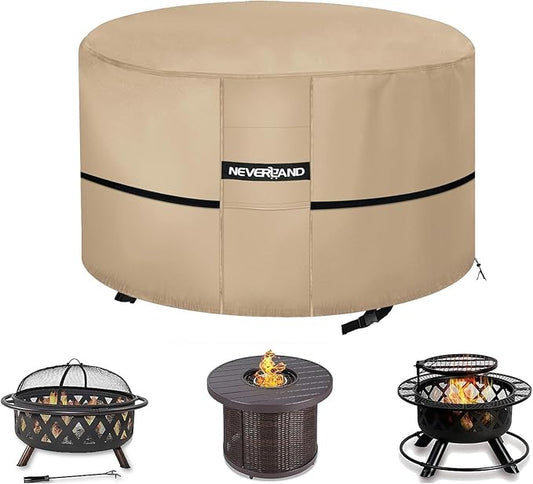 NEVERLAND Fire Pit Cover Round 32 Inch，Waterproof Outdoor Firepit Covers Round for 28-32 Inches 600D Oxford Heavy Duty Patio Gas Fire Pit Covers with 4 Buckle Straps and Air Vents, 32 x 16 Inch Golden