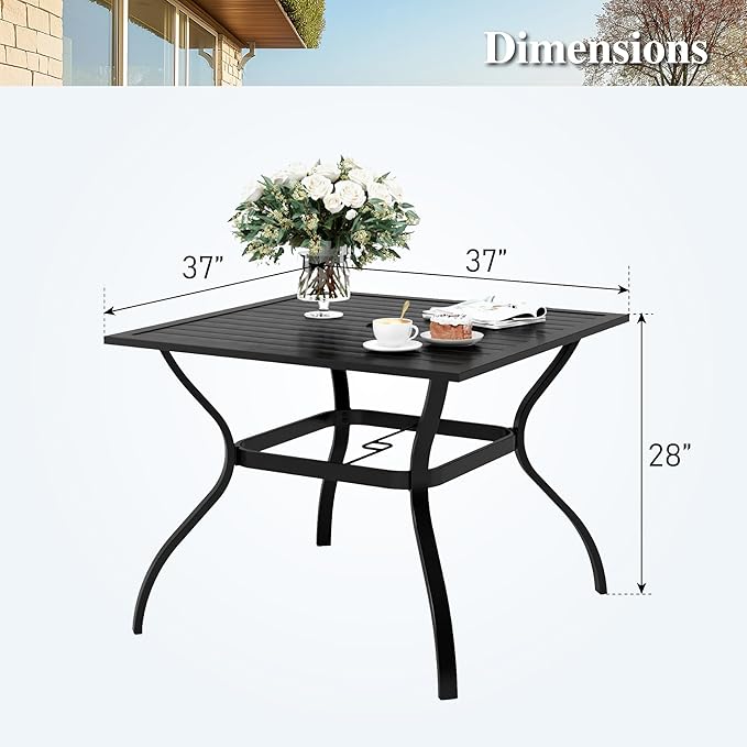 HERA'S HOUSE 37" Square Outdoor Dining Table for 4, 4-Person Metal Steel Slat Patio Table with Umbrella Hole for Lawn Garden Backyard, Black