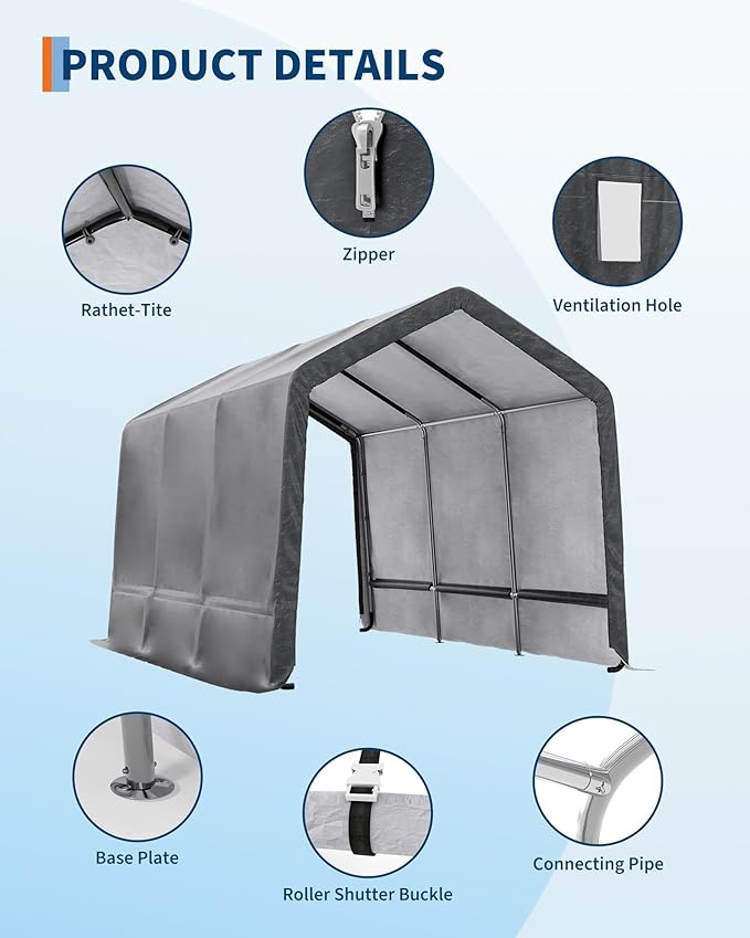7X15 FT Heavy-Duty Portable Outdoor Storage Shed with Roll-Up Zipper Door & Vent, 240g Waterproof Carport Storage Shelter, UV-Resistant Canopy for Motorcycle, Firewood, Tools -Gray ﻿