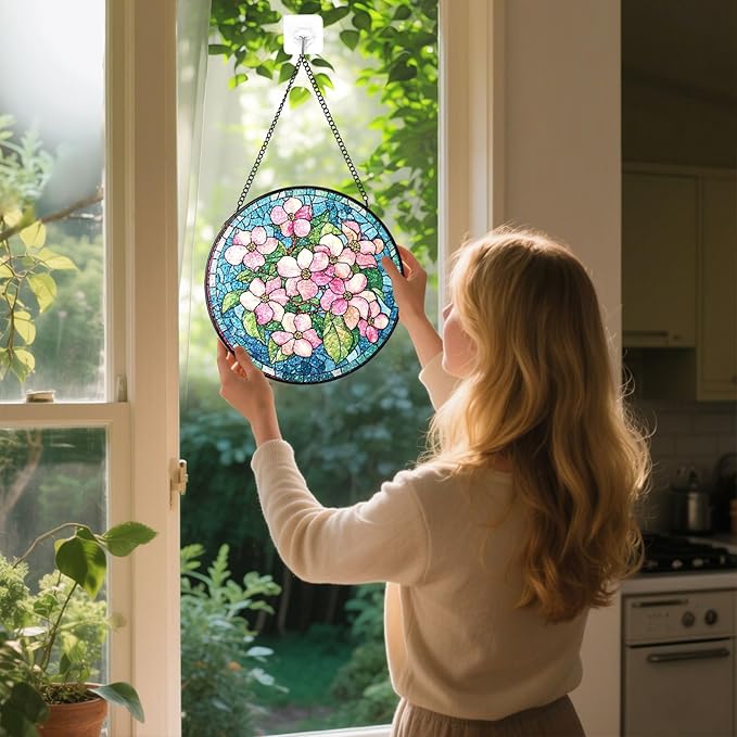 Stained Glass Suncatchers Window Hanging, Flowers Sun Catchers Indoor Window Stained Glass Hanging Garden Decor, Birthday Gifts for Mom Grandma Aunt Sister Bestie 6.3 in