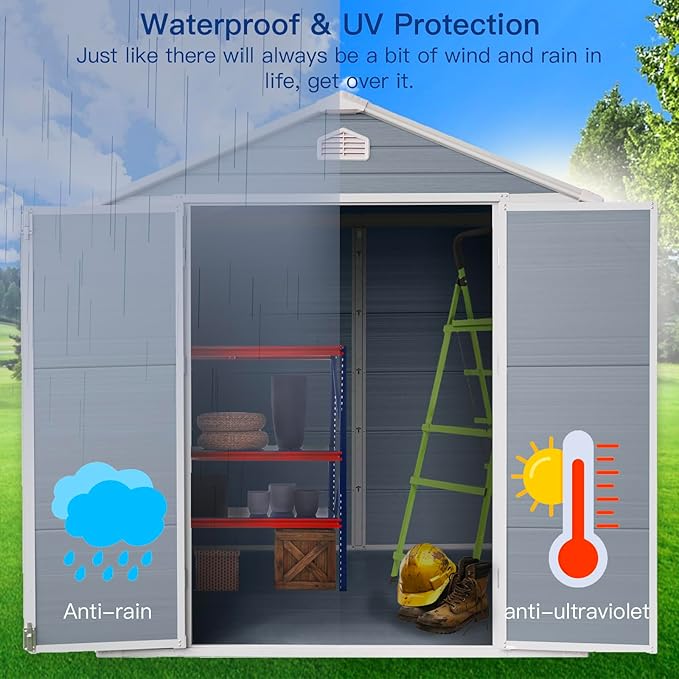 6 ft x 8 ft Resin Outdoor Storage, Plastic Garden Sheds with Floor and Lockable Door for Backyard, Lawn, Grey