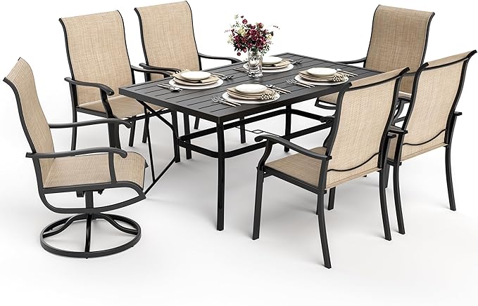 7-Piece Outdoor Dining Set, Patio Furniture Set with 2 Textilene Swivel Chairs & 4 Regular Chairs,Patio Dining Set with 1 Rectangular Table for Garden, Backyard, Poolside, Deck, Beige