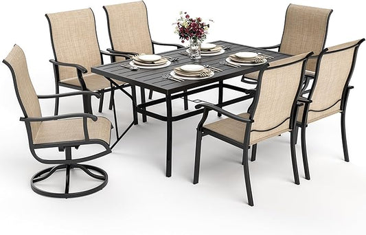 7-Piece Outdoor Dining Set, Patio Furniture Set with 2 Textilene Swivel Chairs & 4 Regular Chairs,Patio Dining Set with 1 Rectangular Table for Garden, Backyard, Poolside, Deck, Beige
