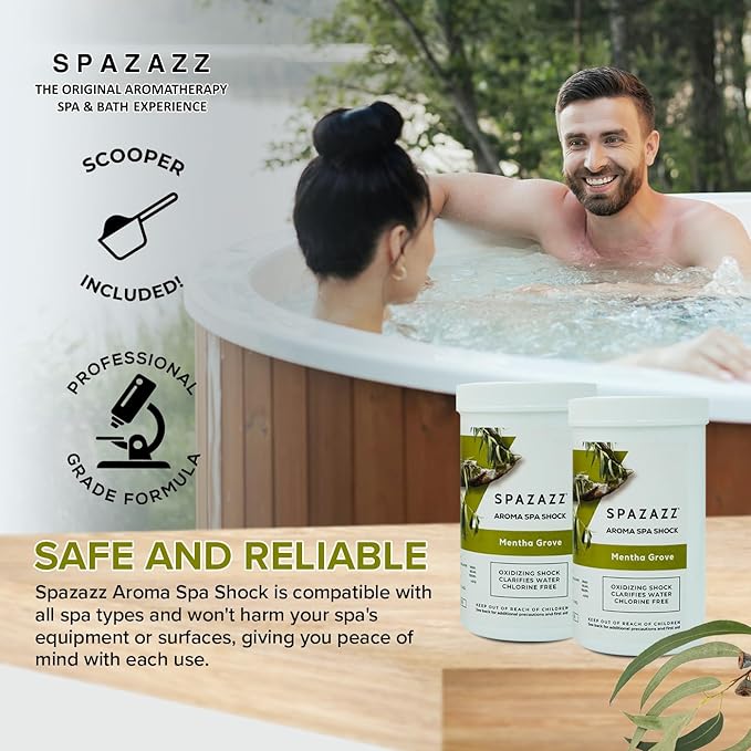 Spazazz Aroma Scented Non Chlorine Spa & Hot Tub Shock Chlorine Free Oxidizer Treatment. Water Clarifier with Potassium Monopersulfate - Professional Grade- Mentha Grove 2.2lb