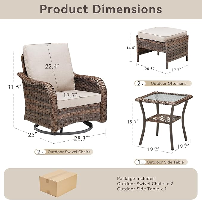 Patio Wicker Chairs Swivel Rocker Outdoor Rocking Chairs Set of 5 Rattan Furniture Set with Thick Cushion, Side Tables, Ottomans for Balcony Deck Backyard, Beige