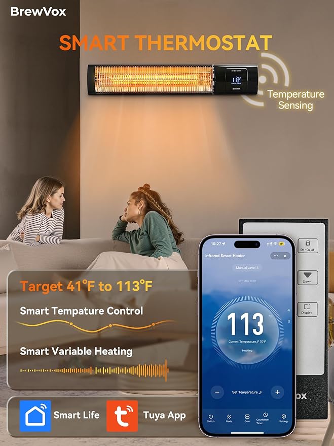 1500W Carbon Infrared Electric Outdoor Patio Heater with Thermostat, Instant Warmth, Smart App-Controlled Scheduling & Remote On/Off, IP65 Weatherproof, 24H Timer for Living Room, Bedroom, Garage