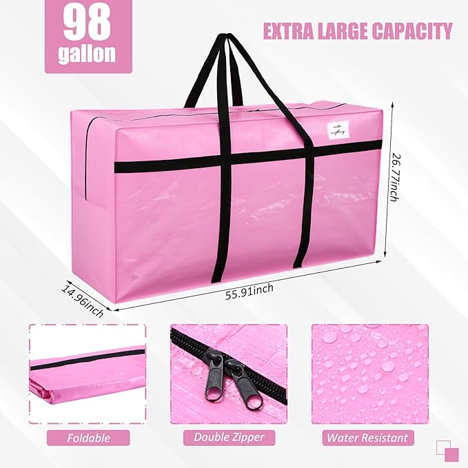 Windyun 4 Pack 98 Gallon Extra Large Storage Bags XXL Moving Bags with Zipper Handles Heavy Duty Jumbo Big Tote Box for Christmas Tree Storage 4, 5, 7.5, 9, 10, 12 ft Skeleton College Dorm(Pink)