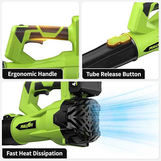 FULLYEA Cordless Leaf Blower 650CFM/180MPH, 21V Electric Leaf Blower with 3 Tubes & 2 x 4.0Ah Batteries, 6 Speed Modes, Battery Powered Leaf Blowers for Cleaning Patio, Yard, Garage, Lawn (Green)