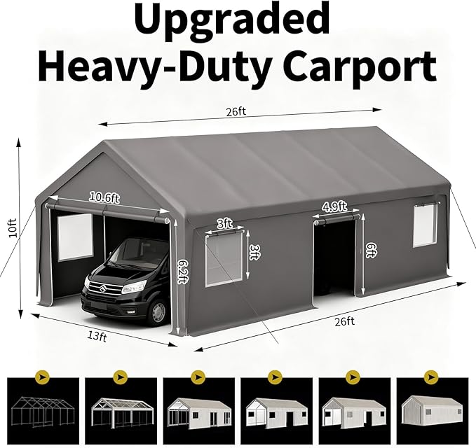 TFN 13x26 ft Heavy Duty Carport Outdoor Garage Car Port Features 2 Roll-up Doors + 1 Side Door Removable Sidewalls Windows All-Season Tarp for Car Boat Truck Vehicle