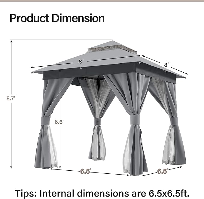 LAUSAINT HOME Outdoor Patio Gazebo 8'x8' with Expansion Bolts, Heavy Duty Party Tent & Shelter with Double Roofs, Mosquito Nettings and Privacy Screens for Backyard (Grey)