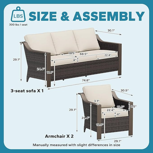 3 Pieces Outdoor Patio Conversation Furniture Set - 75" 3-seat Sofa | 2 Wicker Chairs, Metal Wicker Couch, Removable Cushions, PE Rattan, Metal armrests, Yard (Beige and Brown Stripe)