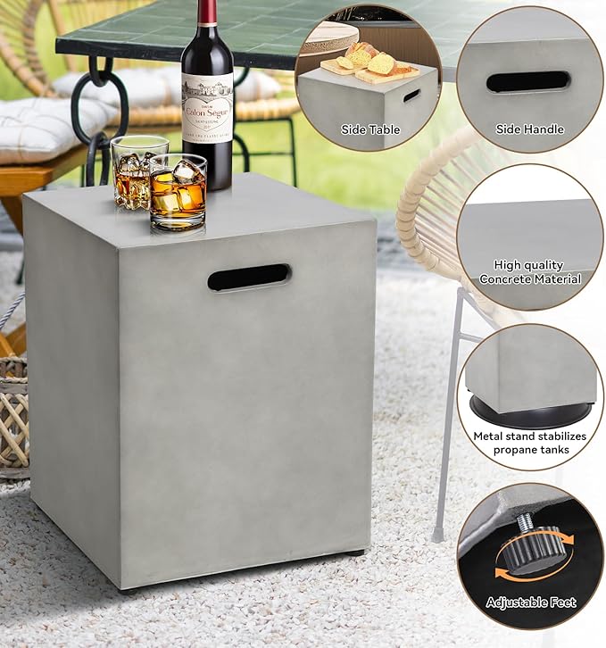 3-Piece 54" Outdoor Propane Fire Pit Table Set W 16" Tank Cover, 50,000 BTU Rectangle Concrete Fire Pit Coffee Table, Glass Wind Guard, Waterproof Cover for Patio, Backyard, Garden, Porch, Deck
