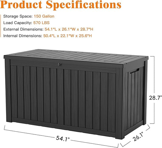 Outdoor Storage Box - Lockable Waterproof UV-Resistant Resin Deck Box for Patio Cushions, Pool Accessories (Black, 150 Gallon)