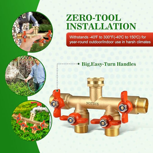 4 Way Brass Hose Splitter Full Flow with Metal Handle - Heavy Duty Spigot Splitter with Shut Off Valve, 3/4" GHT Garden Tap Connector