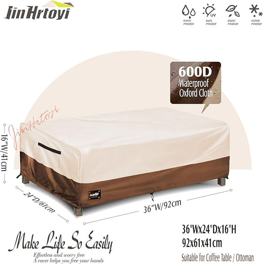 Outdoor Coffee Table Cover Waterproof, Patio Rectangular Side Table Covers, 36W x 24D x 16H Inches Outdoor Tables Cover,Beige&Brown