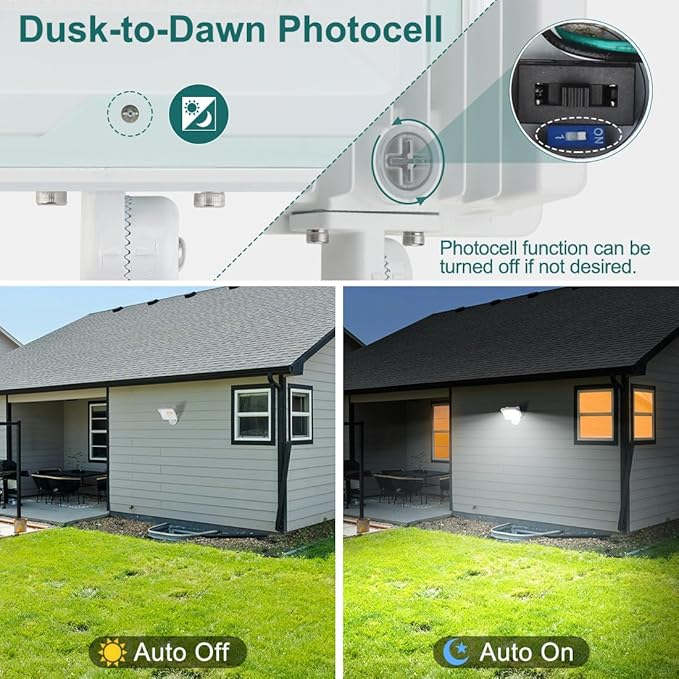 kadision 55W White LED Flood Light with Dusk-to-Dawn Photocell, 3000K/4000K/5000K Selectable, 120V 6600lm IP65 Waterproof Knuckle Mount Outdoor Security Lights, ETL Listed