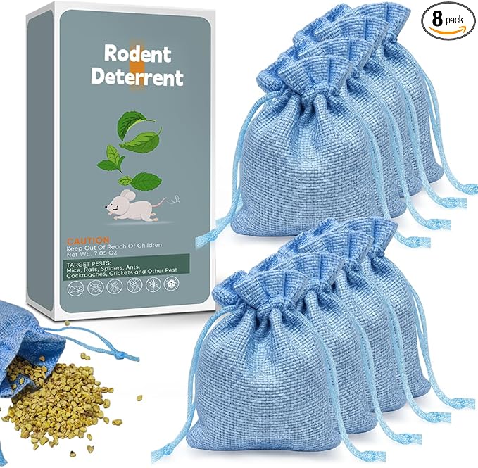 8 Pack Natural Peppermint Mouse Rodent Deterrent Repellent Pouches - Plant-Based Rodent Control for Home- Safe to Use - Long Lasting Mouse & Rat Protection for House, Garage, Car, RV