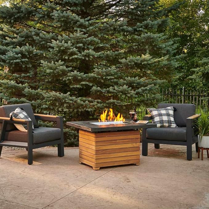 Outdoor GreatRoom Co Propane Fire Pit Table - Darien Gas Fire Pits for Outside Patio - 44 Inch Rectangular Everblend Concrete Firepit Fire Table, Wood Base, Glass Tabletop Cover, 55,000 BTU - Grey